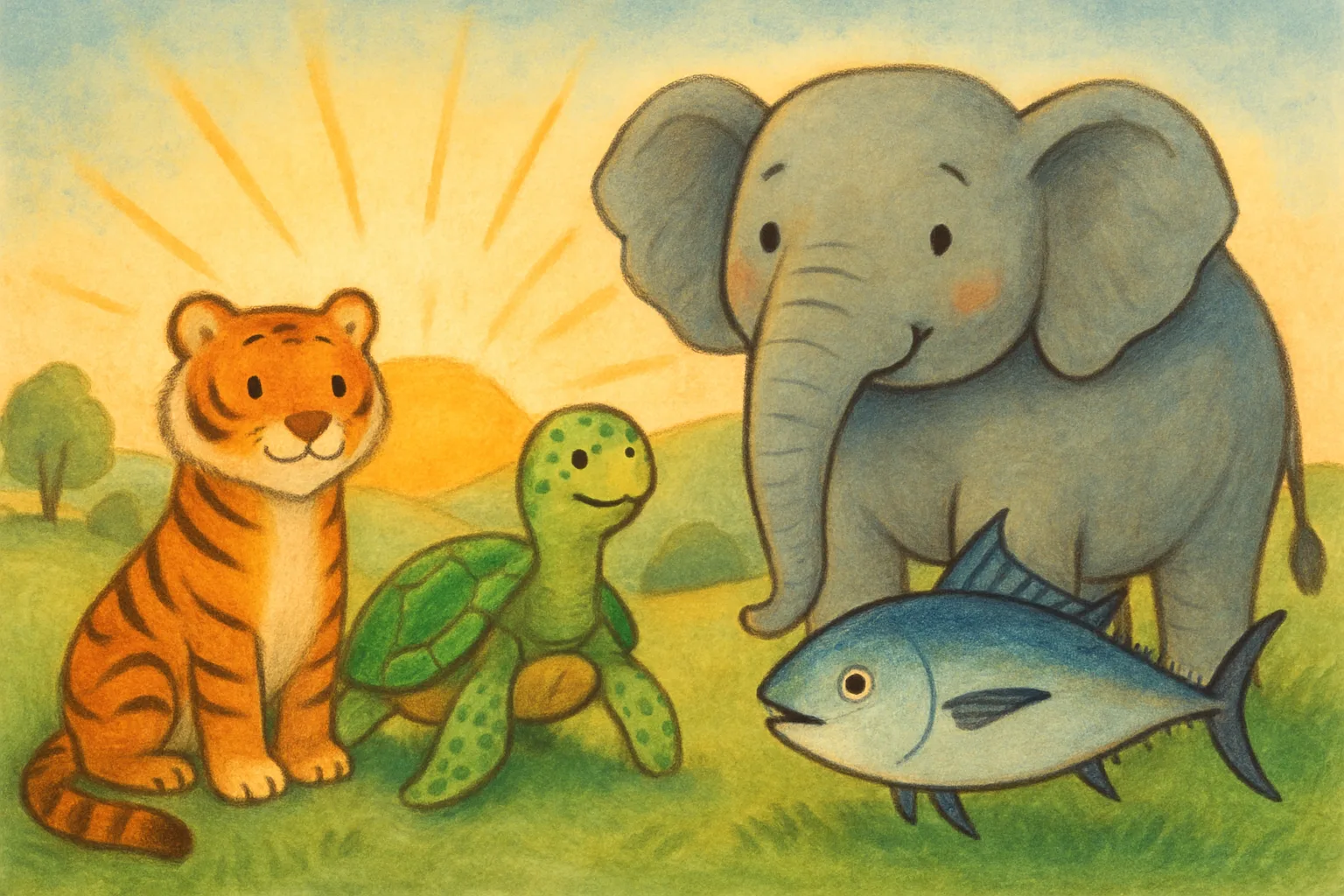 Friendly cartoon tiger, sea turtle, elephant, and tuna standing together in nature
