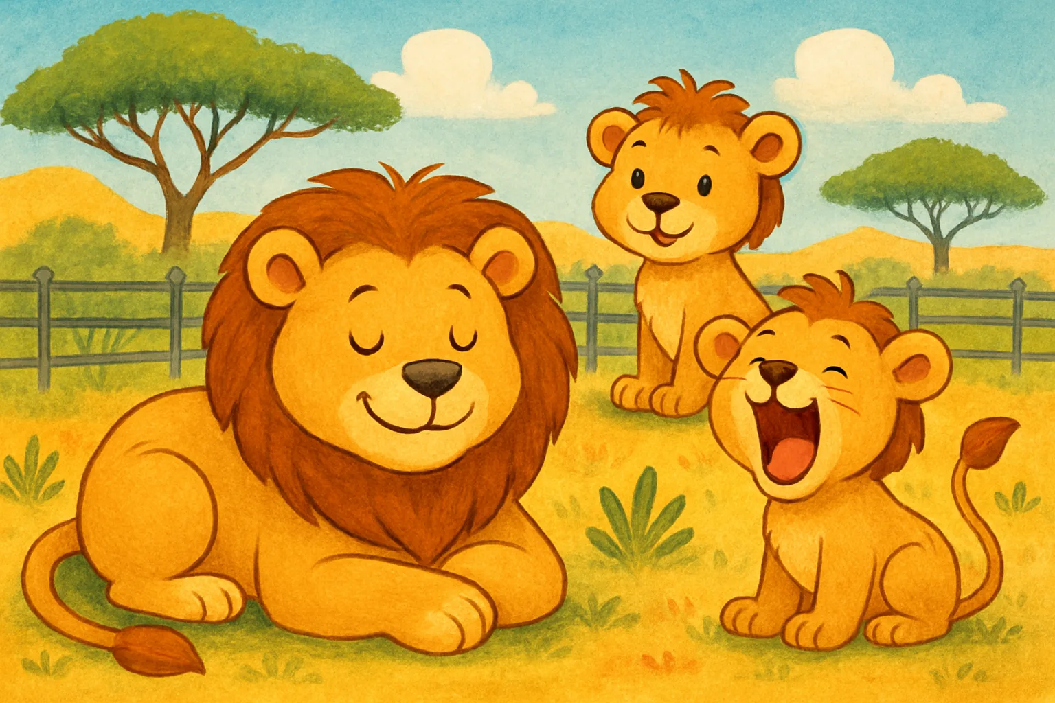 Three cartoon lions at a zoo park showing relaxed, happy wild behaviors after being fed in a natural way